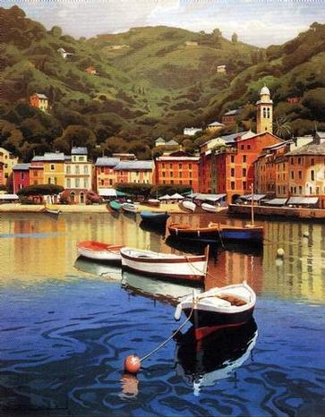 ציור שמן סירות דייג עוגנות במעגן למרגלות הרים